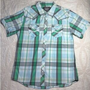 BKE Slim Fit Western Cowboy Rodeo Americana Shirt Green Blue Plaid Snap Front